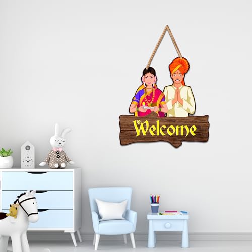 Image of Decor Smart Wooden Wall Hanging | Traditional Welcome Plaque | Decorative Wall Art with Indian Couple in Ethnic Attire | Home Decor Accent | Decoration for Bedroom & Living Room | Cafe (DWA 8702)