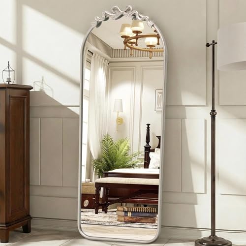 Image of Besdomus Arched Mirror Full Length: 21 inchx56 inch Vintage Bow Silver Floor Mirror | French Antique Baroque Traditional Ornate Standing for Entryway /Cloakroom /Bedroom - Ideal for Fashion-Conscious Ages 18-45