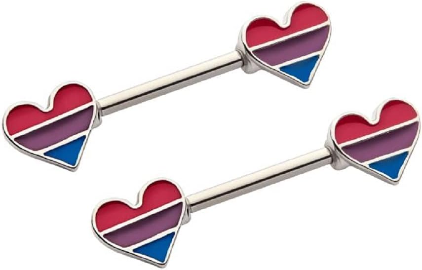 Pierced Owl 14GA Pink Purple and Blue Striped Heart Shaped Bisexual Pride Nipple Barbells, Sold as a Pair