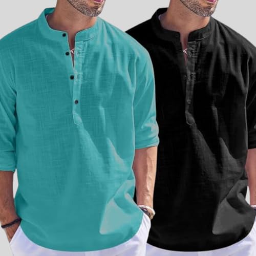 Image of Bellstone Men's Cotton Blend Straight Kurta Shirt Combo with Mandarin Collar - Slim Fit Casual Short Kurti Set Featuring Textured Slub Fabric and Roll-Up Full Sleeves