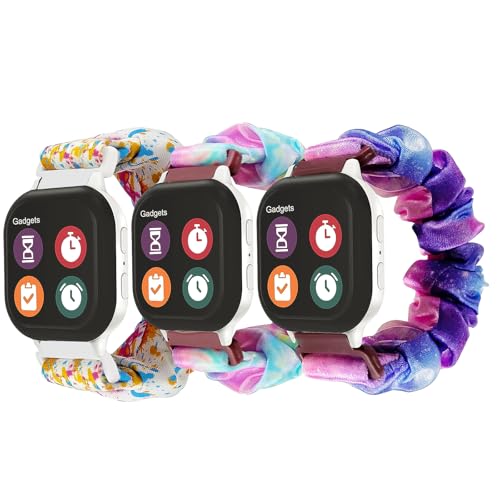 NewJourney 3 Pack Scrunchie Band Compatible with Gizmo Watch 3/2/1 & Gabb Watch 3/2/1 & SyncUP Kids Watch, Soft Cute Elastic Cloth Wristband for Girls (Purple Pink+Pink Blue+Oil Color)