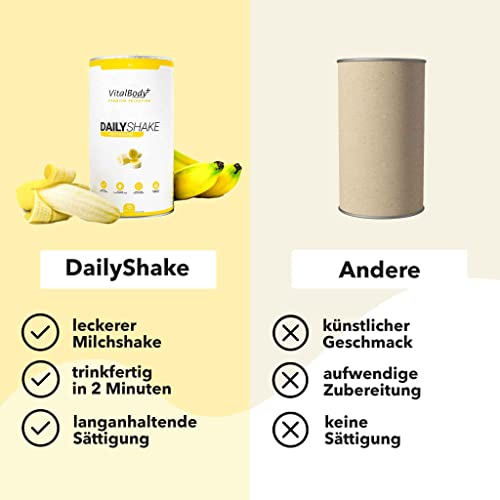 VitalBody+ DailyShake, Fresh Banana, 450 g, Mahlzeitenersatz-Shake zum Abnehmen, 15 Mahlzeiten, nur 250 kcal pro Shake, vollwertig & kalorienarm ersetzen