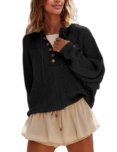 Image of Women Oversized Knit Sweatshirt Hollow Long Sleeve Button Drawstring V Neck Pullover Sweaters (Black-XL)
