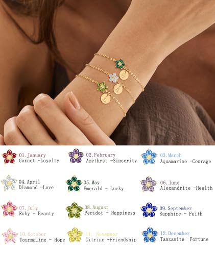 Initial Birthstone Gold Bracelets for Women Dainty Flowers Birthstone Bracelets Non tarnish 14K Gold Plated Letter Charm CZ Bracelet Trendy for Friends and Daughter Birthday Bridesmaid Jewelry Gifts4