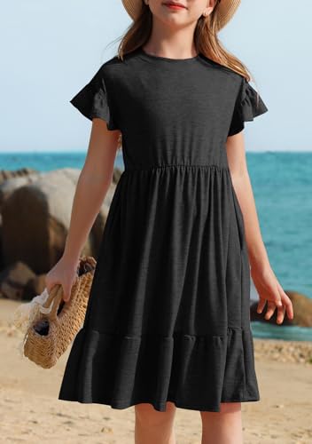 HOSIKA Girls Summer Dress Short Sleeve A-Line Ruffle Tiered Casual Dress with Pockets for 6-12 Years2