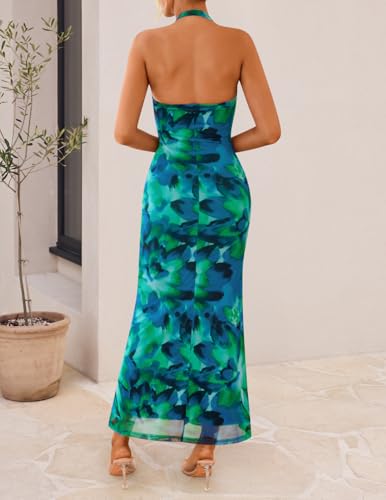 Image of ZESICA Women's Summer Floral Halter Neck Sleeveless Maxi Dress