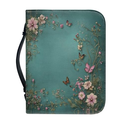 Ceudet Funda de cuero para Biblia con una cubierta de la Biblia pequeña de cuero con asa y fundas de la Biblia con cremallera para estudio bíblico católico AGifts, Flores rosas bohemias y mariposas