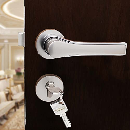 Image of Volo Premium Series Mortise Handle Lock | Bedroom Door Lock with Brass Cylinder and Brass Lock Body with Computerised Keys for Home /Hotels /Office (Silver Satin Finish) (Handle On Rose- 2213)