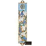 Matashi Hand Painted Blue and Ivory Enamel Grape Mezuzah Embellished with Gold Accents and Crystals Home Door Wall Decor Housewarming Present Gift for Festival (6 inch)