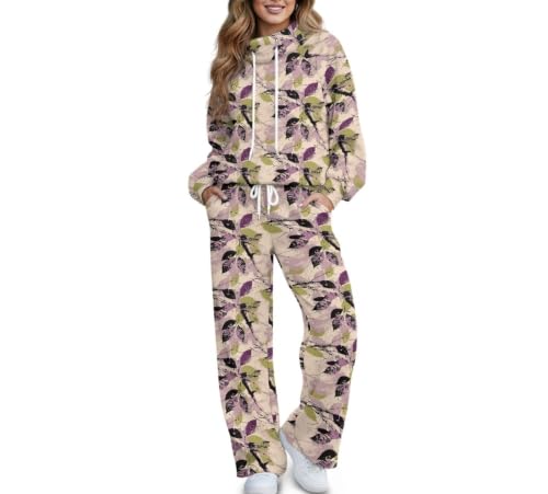 Chuzarugn Women's 2 Piece Sets Outfits Casual Long Sleeve Sweatsuits Oversized Wide Leg Sweatpants Fall Tracksuit Leaf Design XL