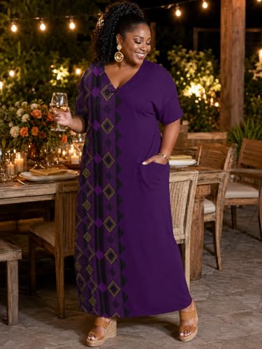 Image of Plus Size Maxi Dress for Women Short Sleeve V Neck Casual Loose Sundress with Pockets