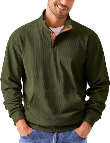 Mens Corduroy Sweatshirts Long Sleeve Henley Shirts Casual Stand Collar Quarter Button Pullovers with Big Pocket