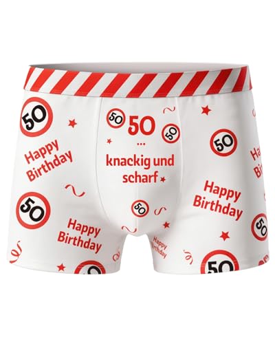 WenmthG Geschenk für 50 Geburtstag Mann - 50 Geburtstag Männer Boxershorts rot-weißes Design mit Verkehrsschildern und Lustige Sprüche - 50 Jahre Geschenk