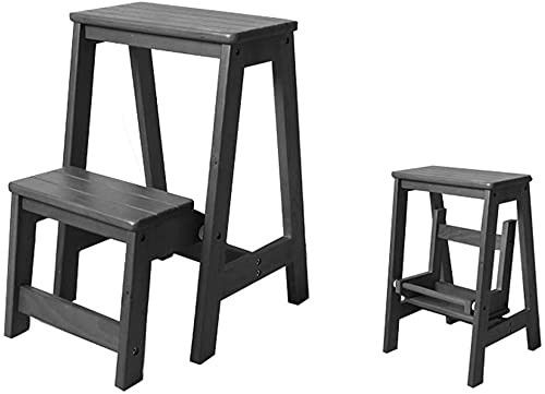 Taburete de escalera móvil de madera maciza LUNEZY con dos escalones estables 3
