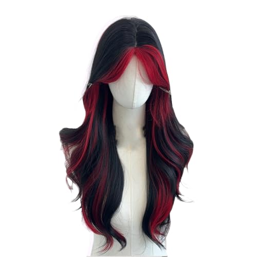 GUKAIIIZLDFGL Black Red Highlight Long Wavy Wig for Women Middle Part Synthetic Long Red Ombre Curly Hair Wig Heat Resistant Fiber for Daily Use