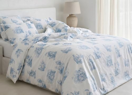 LERUUM Housse de Couette 220x240 Percale Toile de Jouy Bleu et Blanc – Parure de Lit Coton 200 TC Oeko-TEX | Pochon Inclus Qualité Hôtel