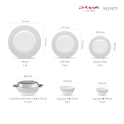 Image of La Opala Diva Velvett Collection Opal Glass Crockery | for Family of 6 | Dinner Set 35 pcs Imperial Grey | Plates & Bowls for Dining | Microwave Safe | 100% Vegetarian | Extra Strong | Light & White
