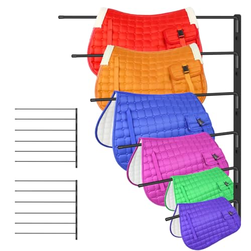 Zwinz Heavy Duty Saddle Pad Rack, 180° Swing-Out Horse Blanket Holder with 6 Extra-Long Arms, Wall Mounted Tack Storage for Stable & Garage