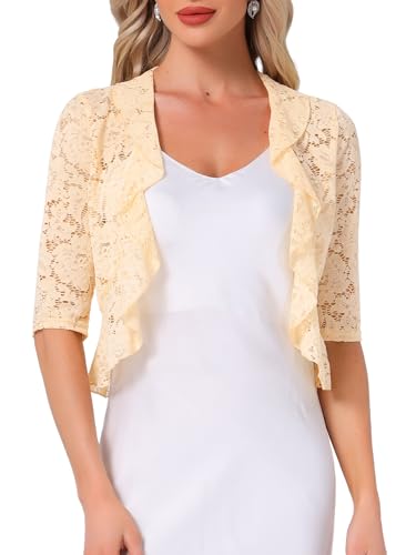 Image of Allegra K Lace Shrug for Women Bolero Tops Sheer Cardigan Open Front Half Sleeve Dressy Cover Up