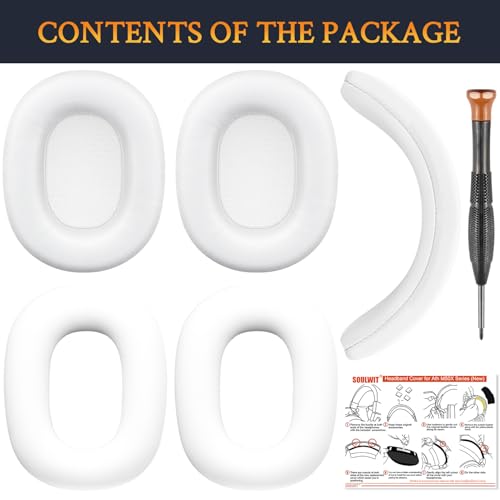 Image of SOULWIT Ear Pads Cushions + Headband Cover, Replacement Kit for ATH M50, M50X, M50XWH, M50XBT, M50XBT2, M50S /LE Headphones, Replacement Headstrap Pad & Earpads Repair Part (White)