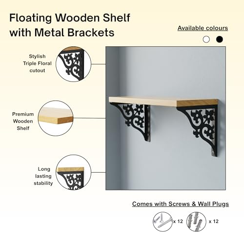 Image of Wall Shelf with Wooden Top Black|White Iron Brackets Storage Rack|Industrial Wall-Mounted Floating Shelf for Living Room,Kitchen,Bathroom (Black Triple Floral Small)
