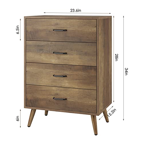 Hithos Mid-Century Modern 4 Drawer Dresser, Wood Chest Of Drawer With Storage, Bedroom Dresser With Handles, Storage Cabinet With Metal Legs, Tall Nightstand For Living Room, Rustic Brown #TOP2
