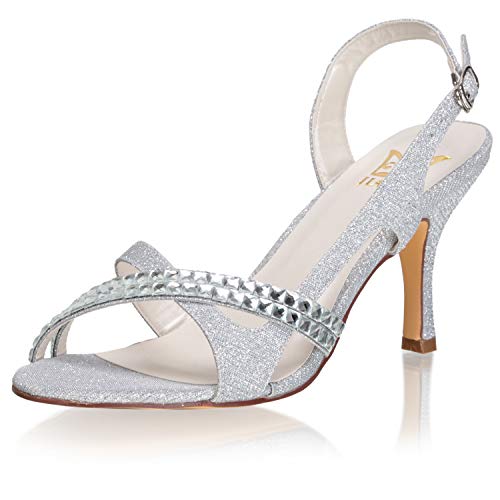 JIAJIA 14118 Women's Bridal Shoes Open Toe 3.14'' Stiletto Mid Heel Crystals Satin Pumps Heel Sandals