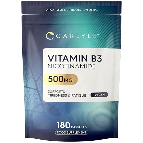 Vitamin B3 Nicotinamide 500mg | 180 Vegan Capsules | High Strength Vitamin B3 Niacin Supplement (Niacinamide) | Flush Free Formula | Suitable for Vegetarians and Vegans | By Carlyle