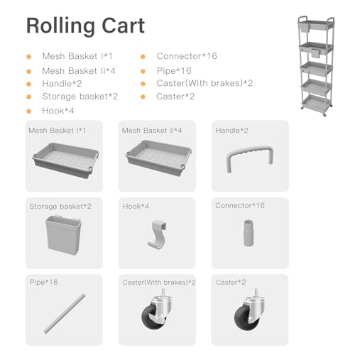 Image of 5 Tier Rolling Utility Cart with Handle,REBECAT Utility Cart Made of Multifunctional Storage Organizer Tool for Kitchen,Bathroom,Living Room,Office(Gray)