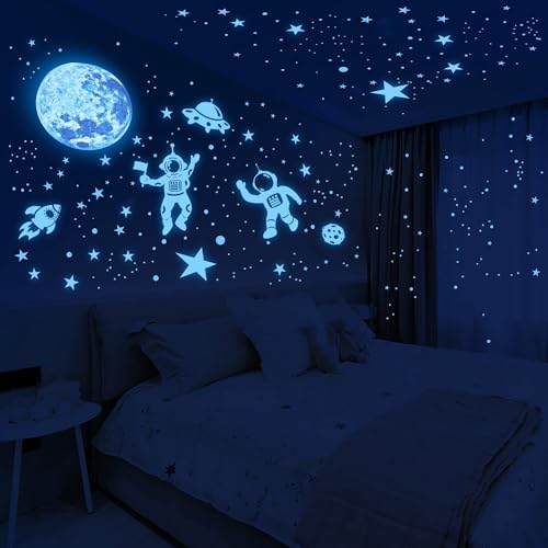 Image of Glow in The Dark Stars for Ceiling Glow in The Dark Moon and Planet Wall Decal Luminous Astronaut Universe Galaxy Space Wall Stickers Outer Space Decal for Kids Boys Bedroom Christmas Gift