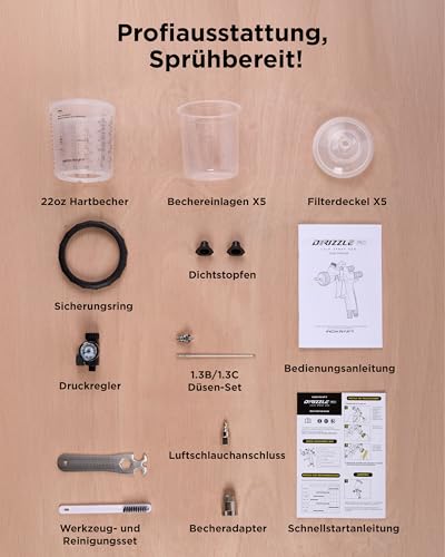 InoKraft Drizzle Pro LVLP Lackierpistole – Professionelles Farbsprühsystem, extrem leicht (340 g), Low-Overspray, 1.3B/1.3C Düsenkit – für Auto, Wandfarbe & Industrie