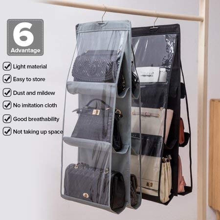 Image of 6 Pocket Large Clear Purse Handbag Hanging Storage Bag Organizer Closet Tidy Closet Organizer Wardrobe Rack Hangers Holder for Fashion Handbag Purse Pouch -Multi Color
