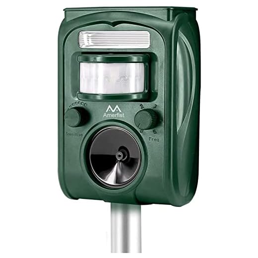 AMERFIST Solar Animal Repeller, 2021 Ultrasonic Mole Repellent, Rat, Squirrel, Deer, Raccoon, Skunk, Rabbit, Mole, Dog, Cat, Waterproof with Motion Detector, USB Rechargeable, Flashing Light (Green)