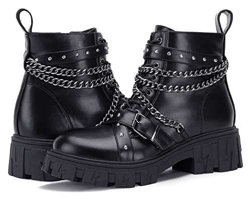 Jeossy Women's 9621 Black Combat Boots Women, Lace Up Ankle Boots Women, Motorcycle Boots, Platform Moto Chain Studded Side Zipper Booties Size 7.5(Djy9621 Black 07.5) #TOP7