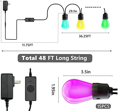 ZABOUL Smart LED String Lights Color Changing, 48FT RGB Patio Lights IP67 Waterproof &Shatterproof With15 RGB Plastic Bulbs,APP Control Dimmable for Enbirghten Backyard,Party,Deck,Cafe,Balcony