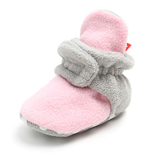 Baby Boys Girls Slippers Cozy Fleece Booties with Grippers Bottom Newborn Pram Soft Sole Infant Socks First Walker Crib House Stay On Shoes (12-18 Months Infant, A/Pink Grey)