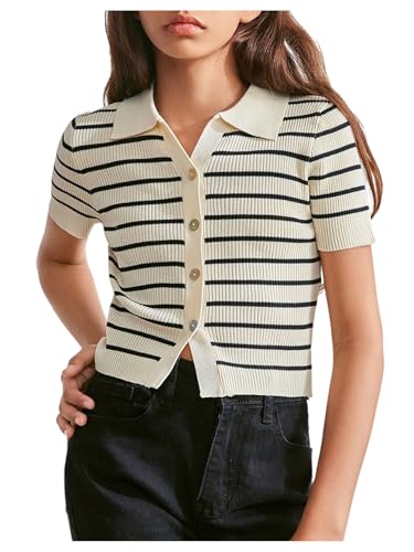 SweatyRocks Girl's Striped Button Down Cropped Cardigan Casual Collar Short Sleeve Knit Sweater Tops