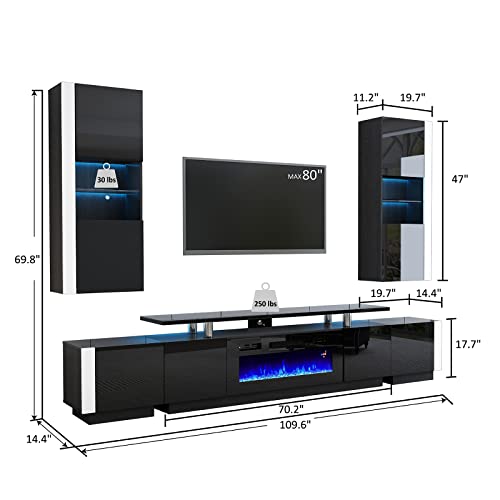 AMERLIFE Wall Unit Entertainment Center with Fireplace and Bookshelves, Includes 70" 2-Tier Fireplace TV Stand, 2 x Wall Cabinets & 2 x End Tables, Modern LED Lights TV Console for Living Room, Black