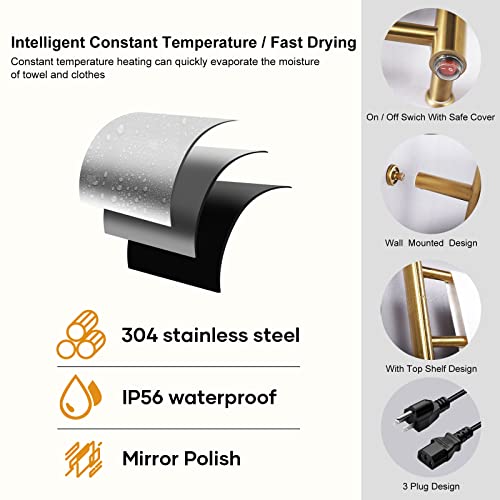 Heated Towel Warmer Rack For Bathroom, Gold Stainless Steel Wall Mounted Towel Warmer Electric Heated Towel Drying Rack With Top Shelf, Plug In #TOP2