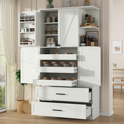 Loomie 66.9' Farmhouse Kitchen Pantry Cabinet, 5 Drawers Storage Cabinet with 4 Side Shelves & 6 Door Shelves, Freestanding Hutch with Doors, Buffet Sideboard, Cupboard for Dining Room, White (White)