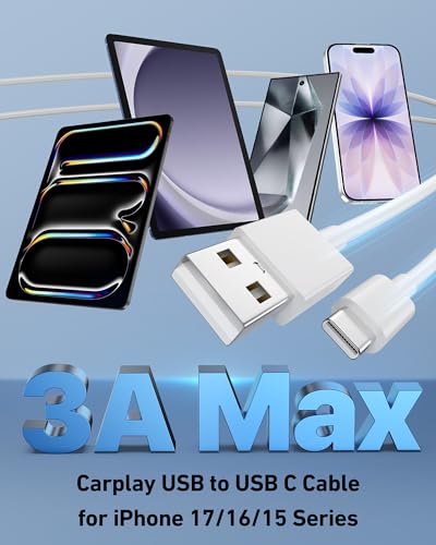 Car Carplay Cable for iPhone 17/17 Pro/Air/16e/16/15 Pro Max/Plus Cable, 2Pack USB A to USB C for CarPlay USBC Cord, iPad, Galaxy, Pixel, Android Accessories Charging Wire Type-C Car Charger Cord 3FT