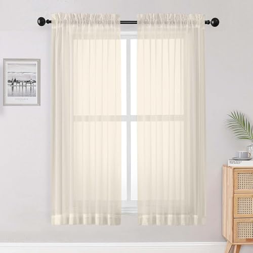 Image of OWENIE Cream Sheer Curtains 68 Inch Length 2 Panels Set for Bedroom Living Room, Light Filtering Voile Sheer Curtains, Airy Rod Pocket Farmhouse Curtain, Cream, Each 42Wx68L inch