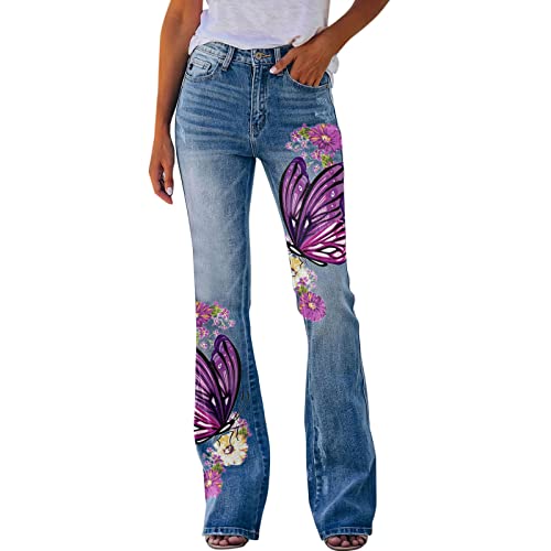 YOSUWOAI Pantalones vaqueros para mujer, diseño floral, bordados, ajustados, pantalones vaqueros Y2K, aspecto vaquero, holgados, acampanados, elásticos, pantalones deportivos acampanados, O Púrpura, M