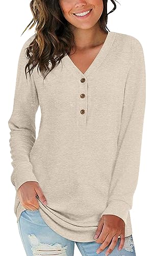 Aodemo Women's Fall Long Sleeve Tunic Tops V Neck Henley Shirts Loose Fit Blouses Winter Sweaters