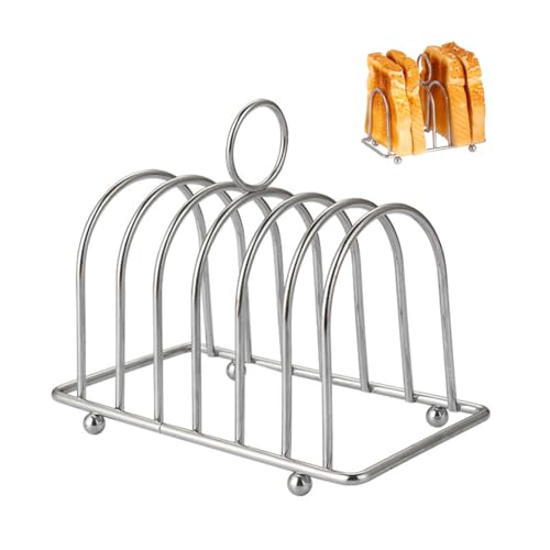LAWALEISHE Chrome 6 Compartment Toast Bread Rack Cooling Holder with Easy Carry Handle and Non-Slip Ball Feet Stainless Steel Bread Slices Organizer for Kitchen Counter