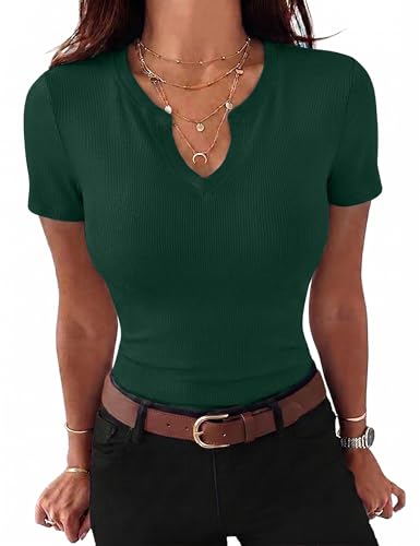 Gyabnw Damen T-Shirt V-Ausschnitt Elegant Gerippt Bluse Oberteil Kurzarm Basic Shirt Casual Sommer Top