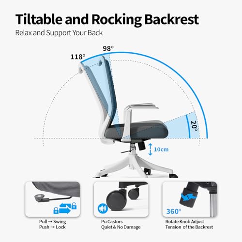 Image of Ergonomic Office Chair, Comfy Swivel Mesh Chair Super Elastic Lumbar Support Fixed Armrests and PU Wheels Tilting & Height Adjustment Desk Chair (Light Grey)