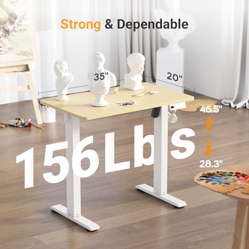 Image of YDN 35 inch Small Electric Standing Desk Adjustable Height, Sit Stand up Desk with Memory Presets & Cable Management, Home Office Desk for Office & Computer Workstation, White Frame /Nature Top
