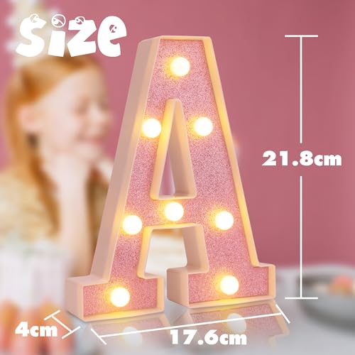 Small Led Marquee Letters, Light Up Letters, 8.58 Inch Led Letter Lights, Battery Powered Lighted Sign for Table, Party, Birthday, Christmas Decor (Pink Glitter, Letter A)