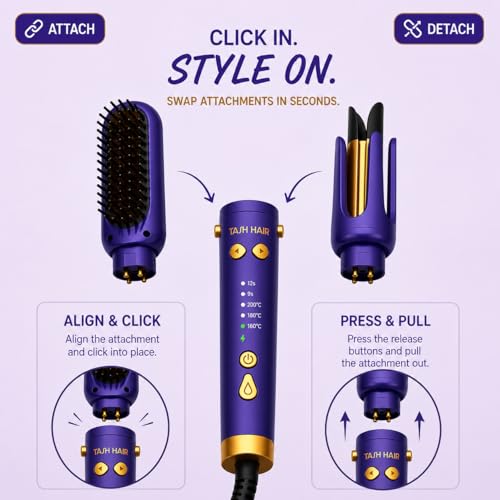 Image of Tash Hair 2 in 1 Hair Curler Machine & Straightening Brush Combo for Women- 3 Heat Modes, 2 Curl Timers, Ionic Technology for Frizz-Free Finish, Automatic Inward & Outward Curling (1 Year Warranty)